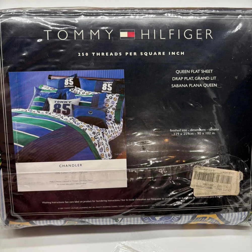 Tommy Hilfiger Chandler Queen Flat Sheet Vtg Collegiate Dorm College Crest New